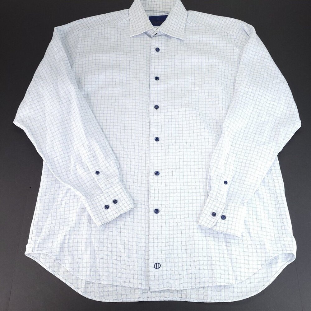 David Donahue Shirt Mens 16 34/35 White Blue Graph Check Pattern Navy Buttons
